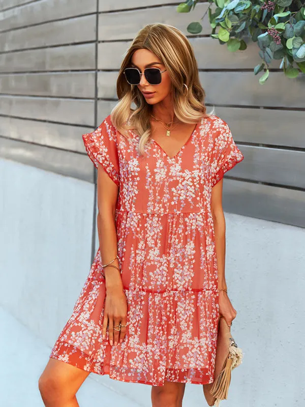 Floral Print V-Neck Chiffon Dress with Tiered Short Sleeves