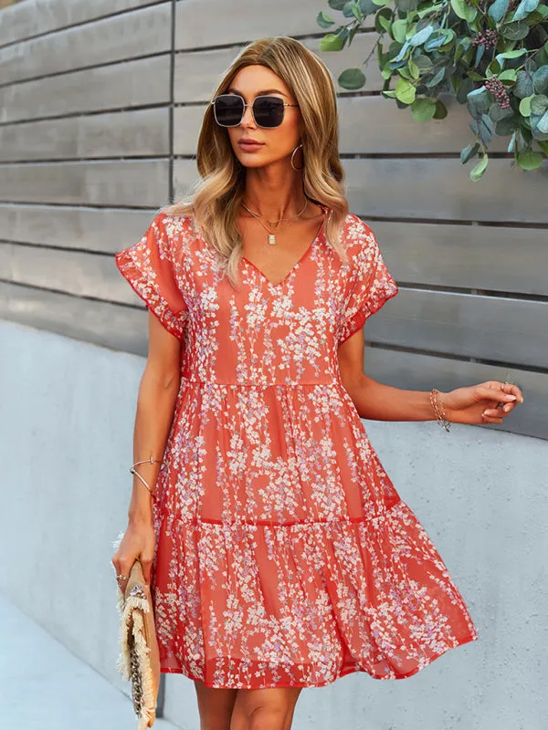 Floral Print V-Neck Chiffon Dress with Tiered Short Sleeves