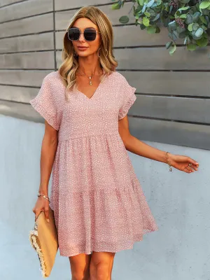 Floral Print V-Neck Chiffon Dress with Tiered Short Sleeves