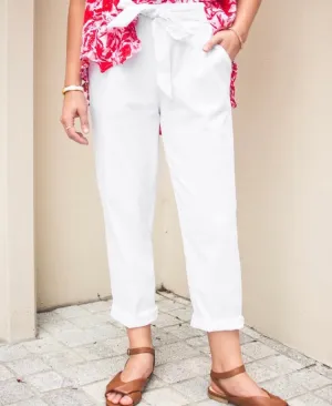 Gayle White Stretch Cotton Belted Pant