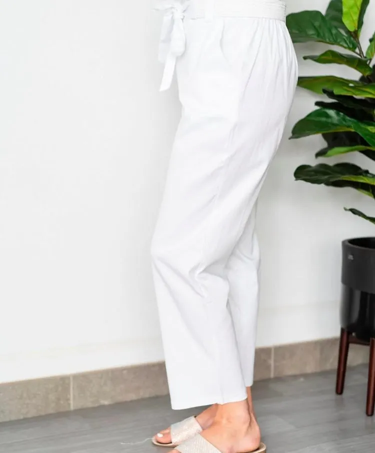 Gayle White Stretch Cotton Belted Pant