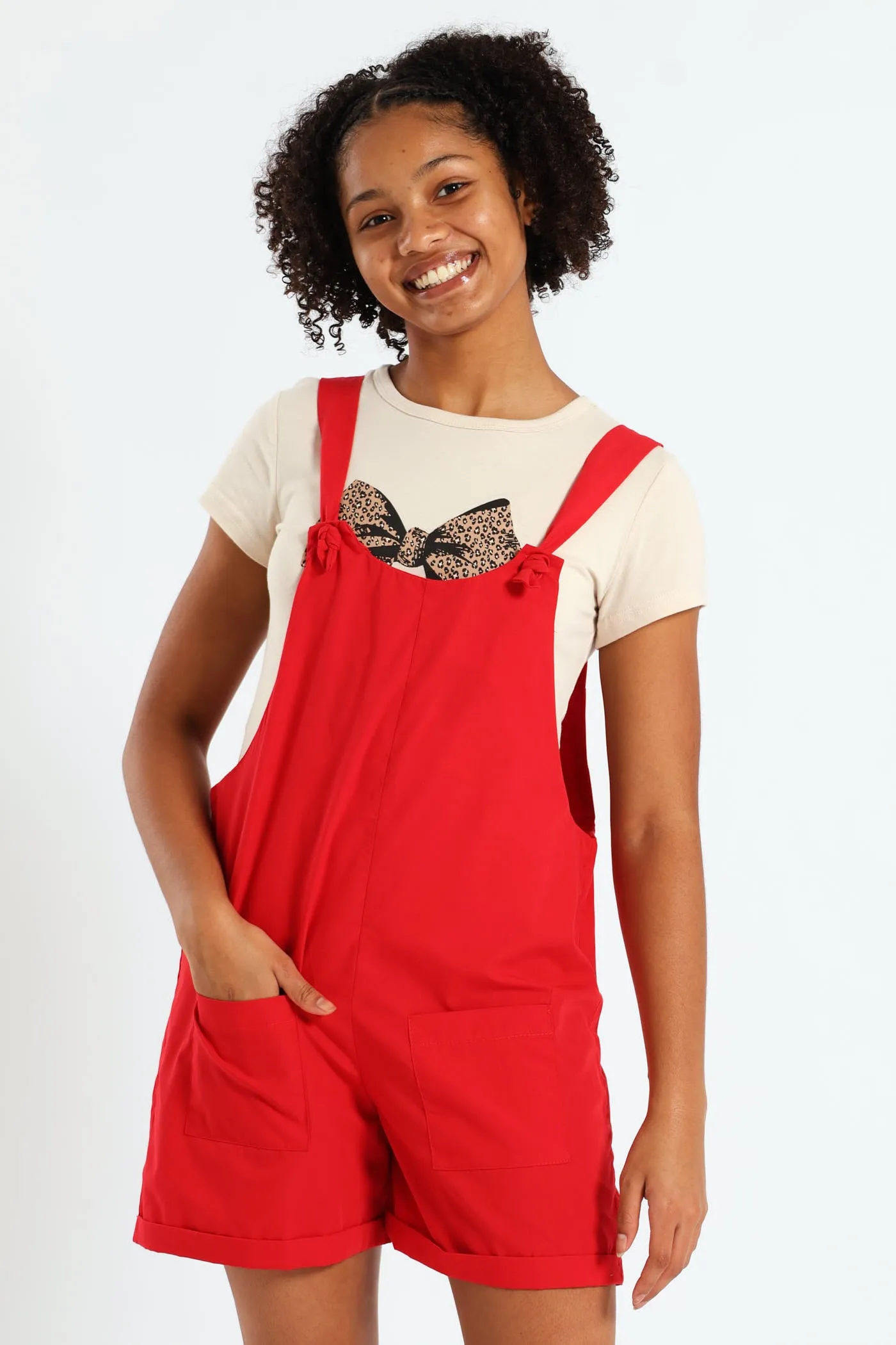 Girls Poplin Stretch Dungaree - Red