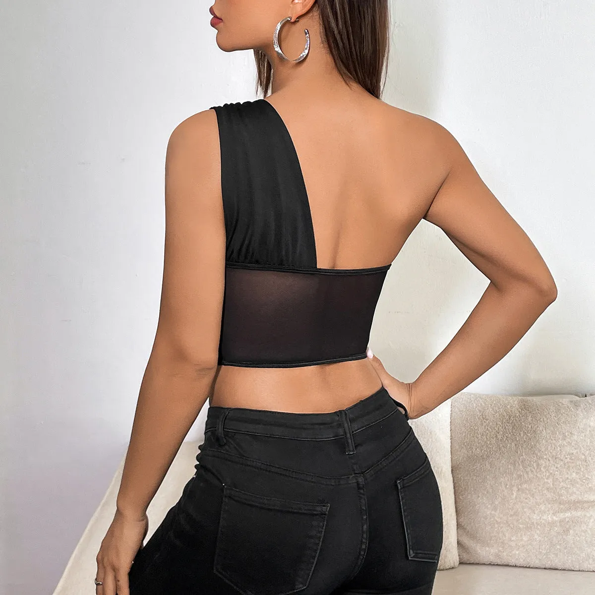 Glamorous Asymmetric Slash Shoulder Top with Sheer Details and Rhinestone Accents
