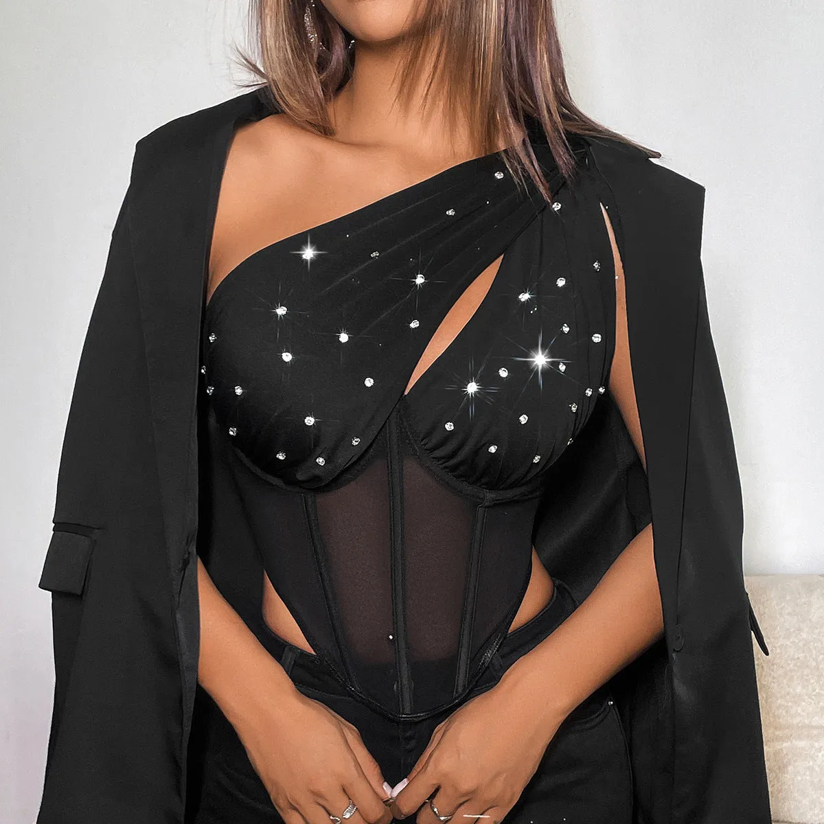 Glamorous Asymmetric Slash Shoulder Top with Sheer Details and Rhinestone Accents