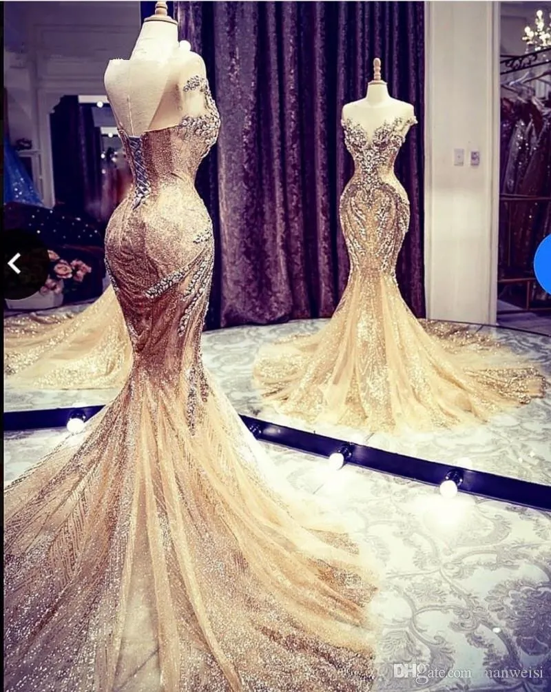 Gold Mermaid Sheer Jewel Beaded Backless Dress