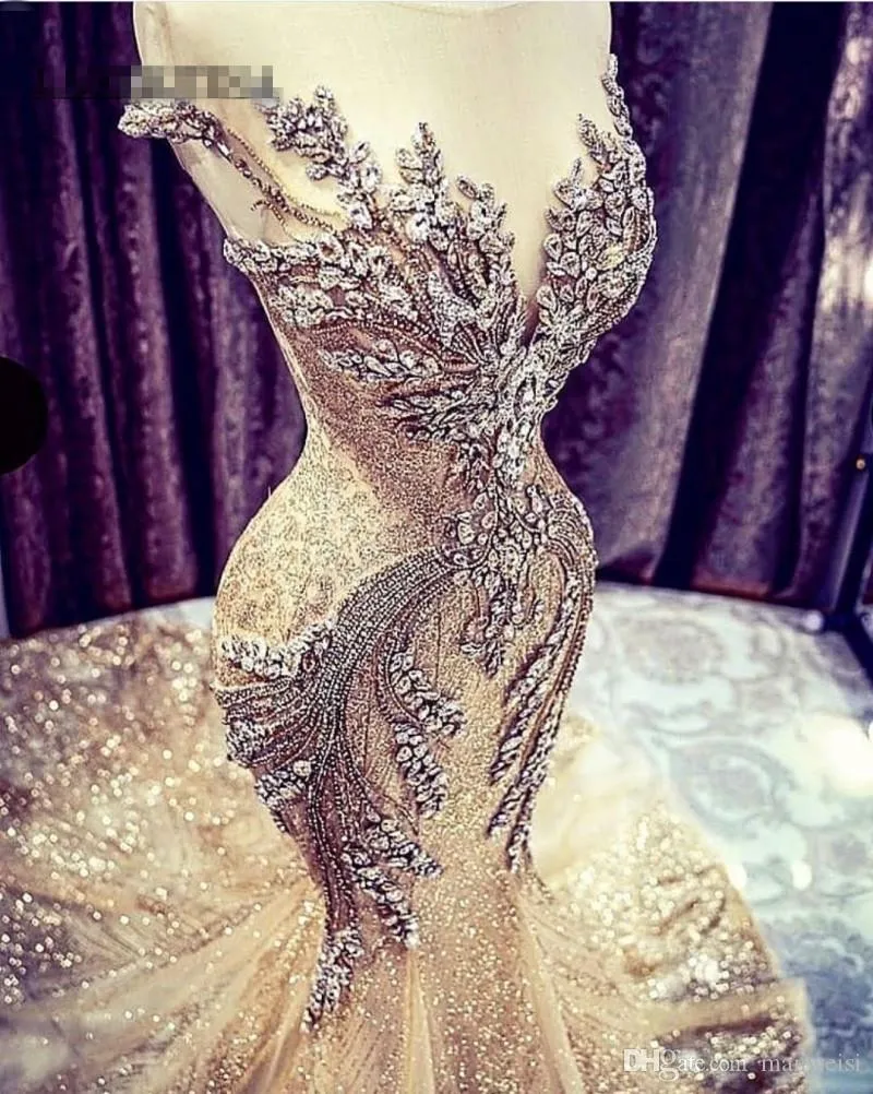 Gold Mermaid Sheer Jewel Beaded Backless Dress