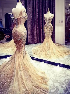 Gold Mermaid Sheer Jewel Beaded Backless Dress