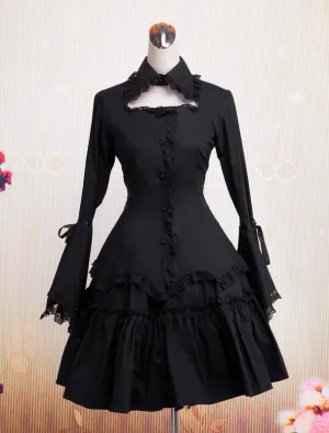 Gothic Lolita Dress OP Black Long Hime Sleeves Ruffles Lace Trim Cotton Lolita One Piece Dress