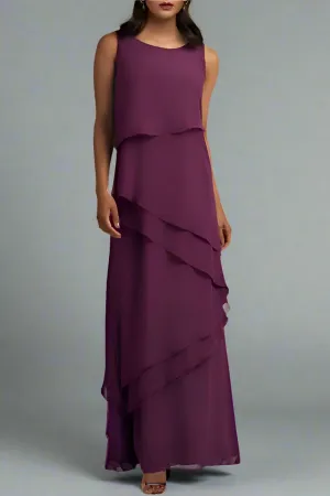 Grape Round Neck Chiffon Floor Length  Mother of The Bride Dresses