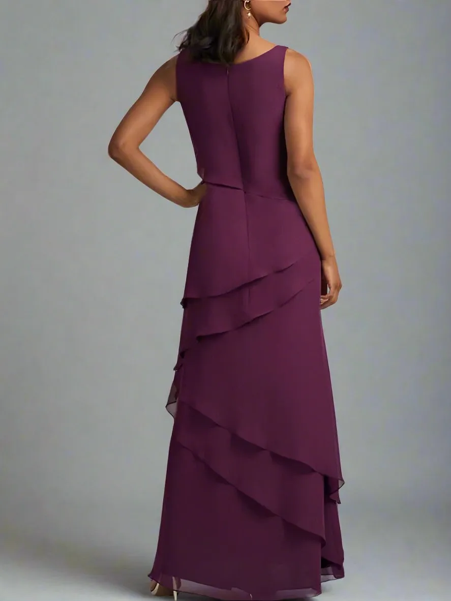 Grape Round Neck Chiffon Floor Length  Mother of The Bride Dresses