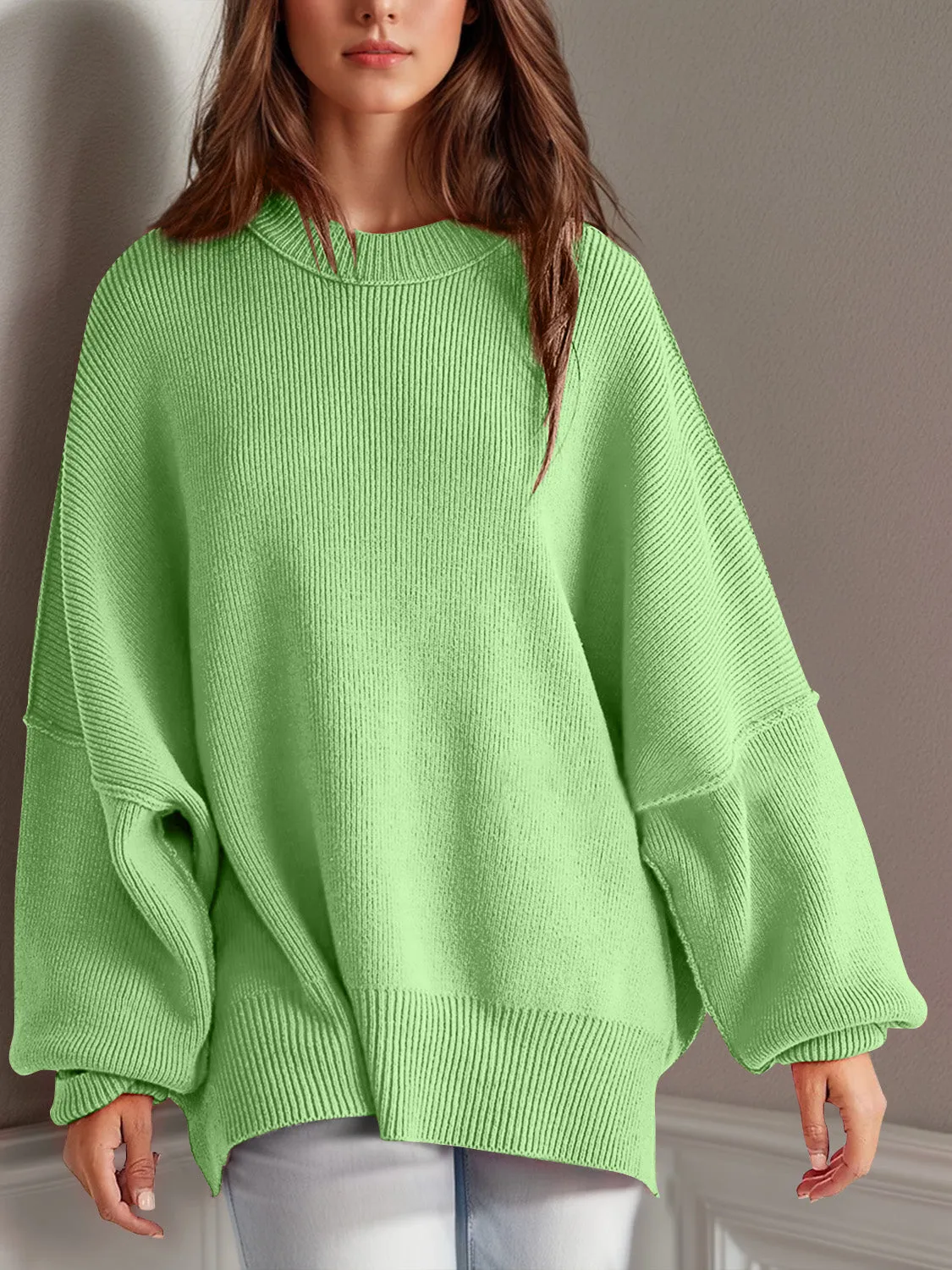 Hazel Blues® |  Double Take Side Slit Round Neck Long Sleeve Sweater