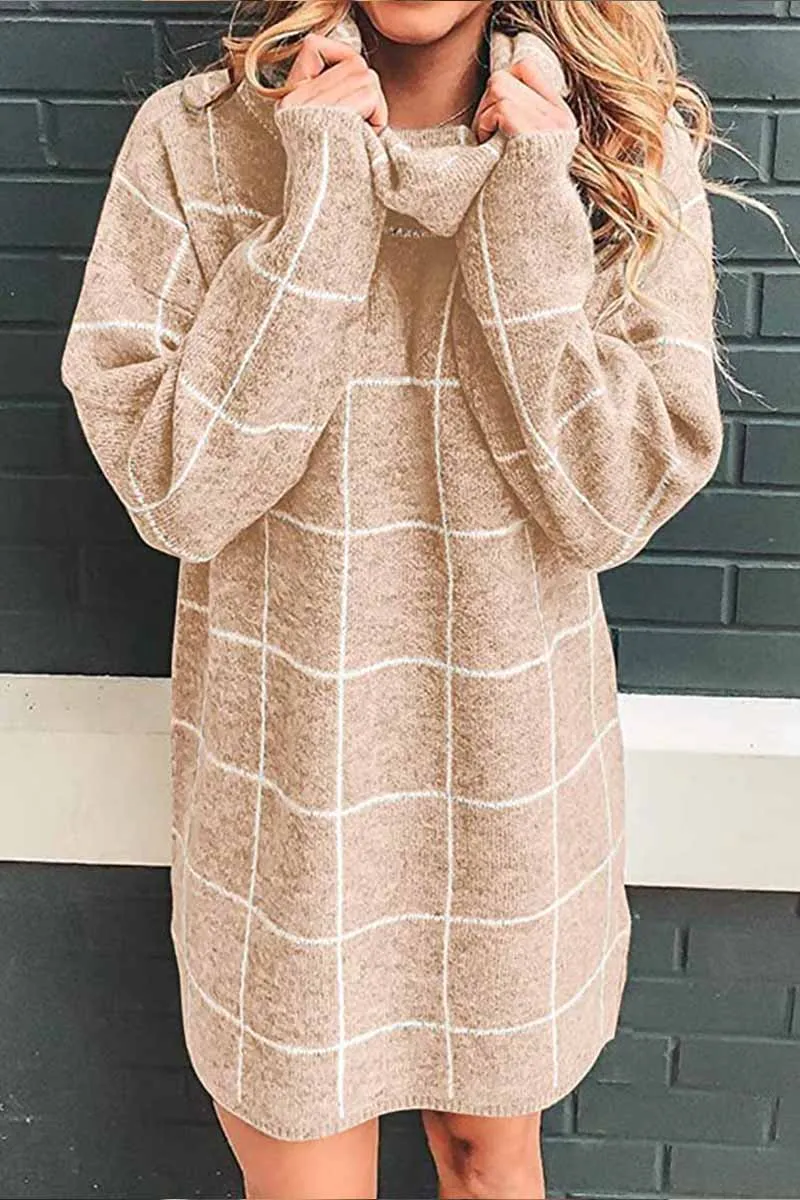 High Collar Plaid Loose Mini Dress(3 Colors)