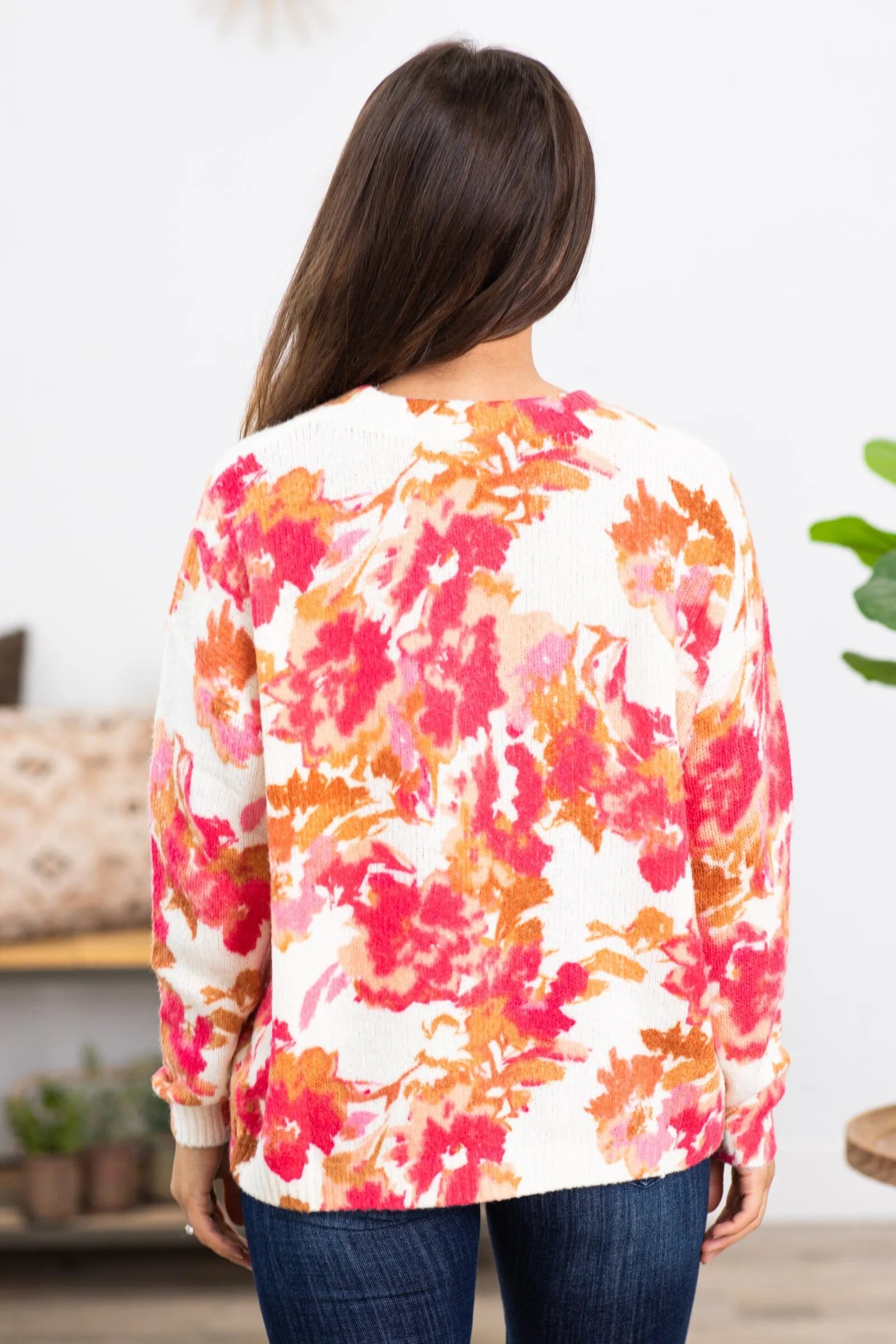 Ivory and Hot Pink Floral Print Sweater