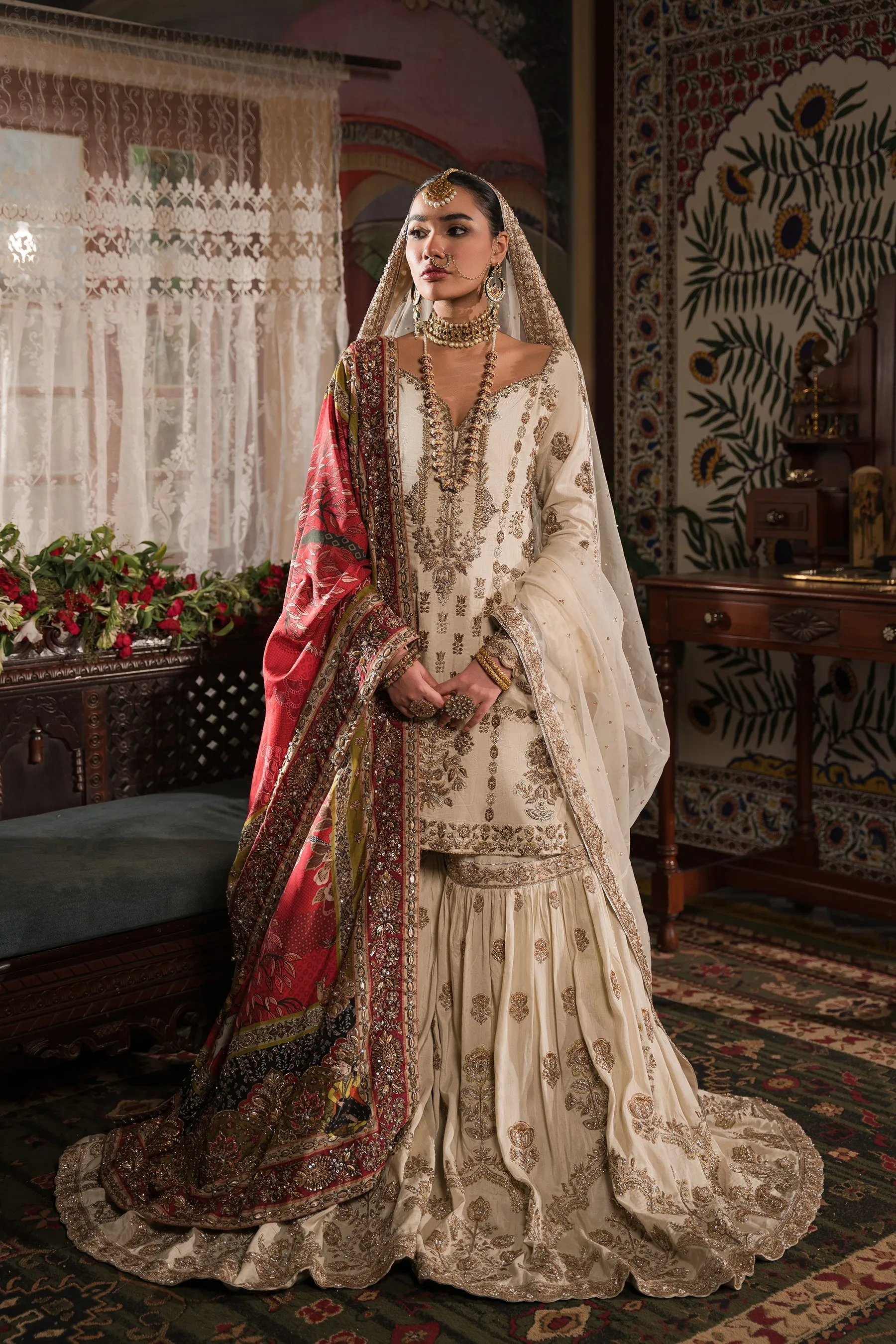 Ivory Gold Embroidered Pakistani Bridal Dress Classic Kameez Gharara