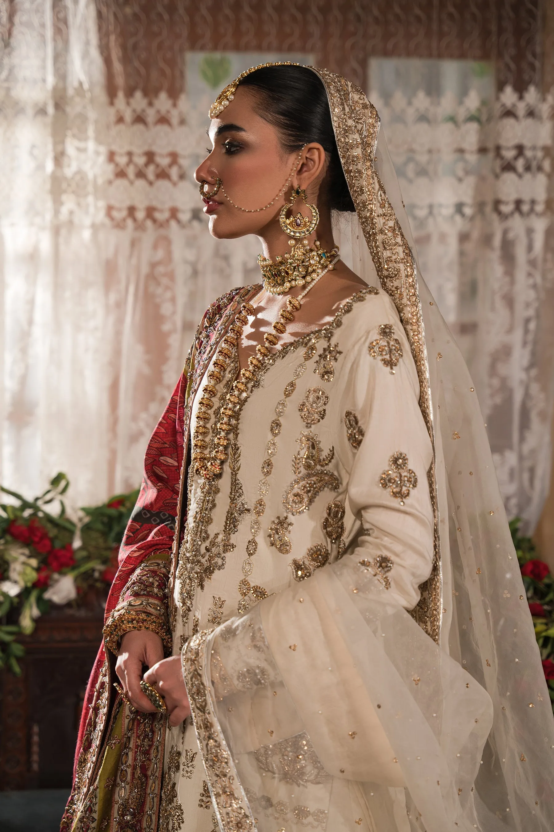 Ivory Gold Embroidered Pakistani Bridal Dress Classic Kameez Gharara