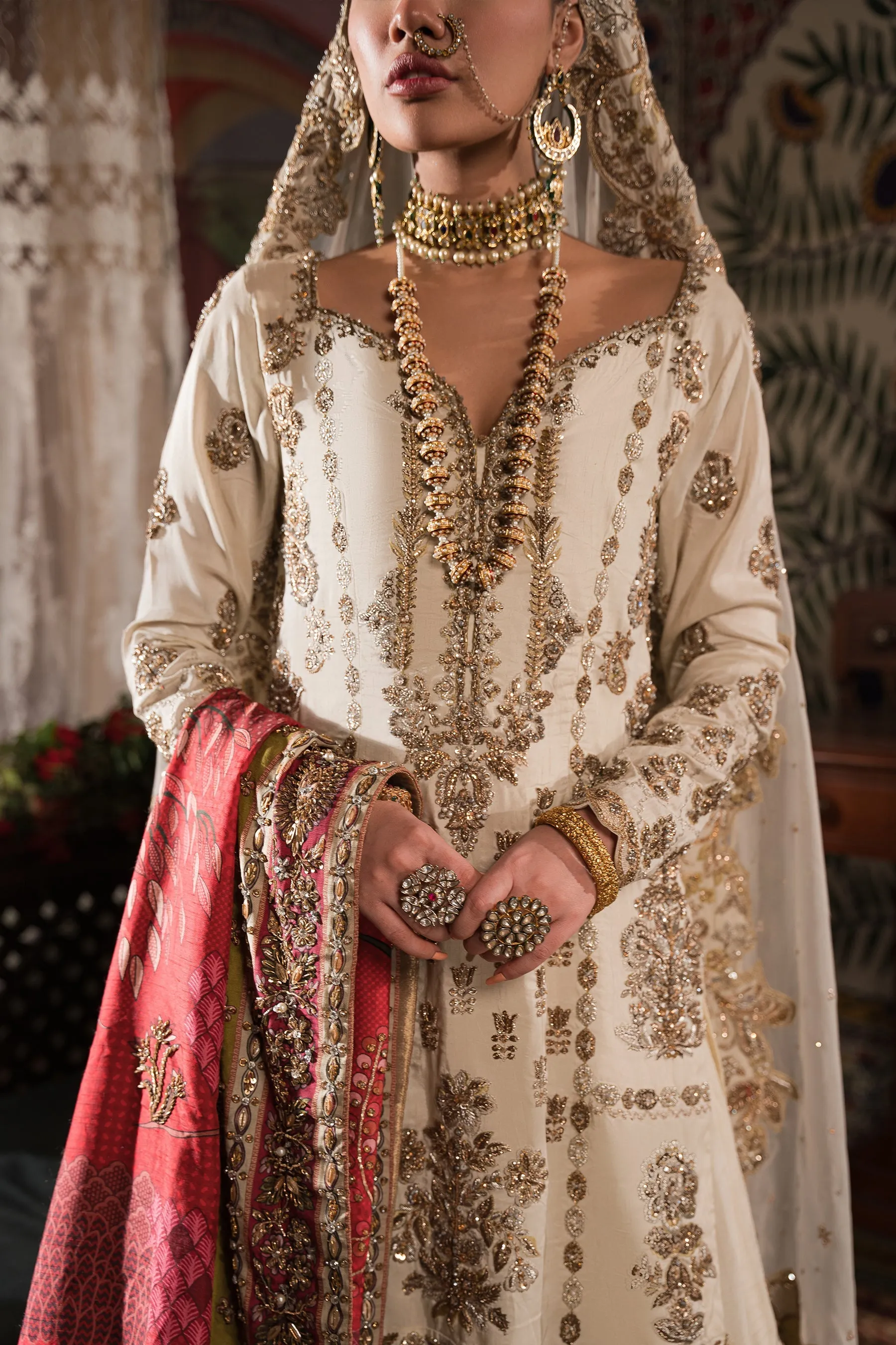 Ivory Gold Embroidered Pakistani Bridal Dress Classic Kameez Gharara