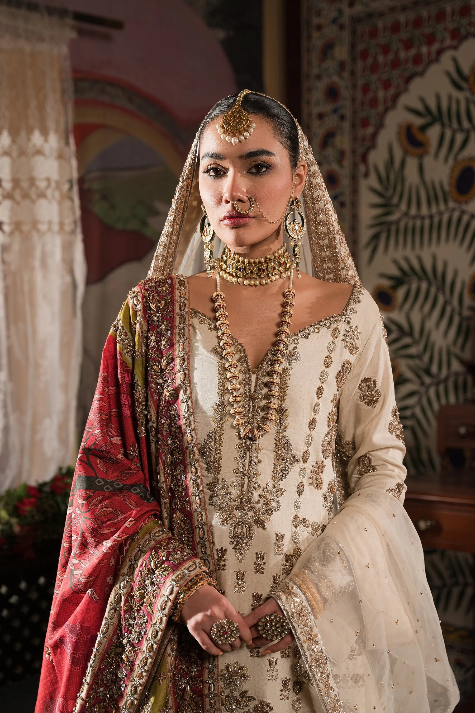 Ivory Gold Embroidered Pakistani Bridal Dress Classic Kameez Gharara