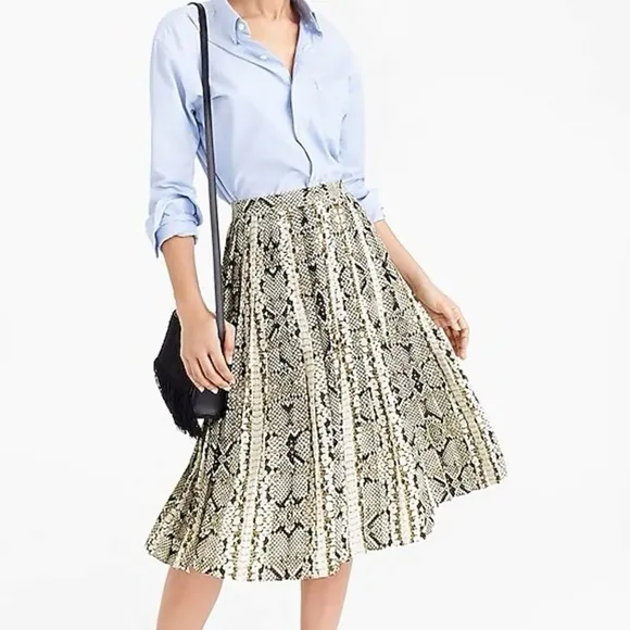 J Crew Factory Lightweight Pleated Snakeprint Midi Skirt