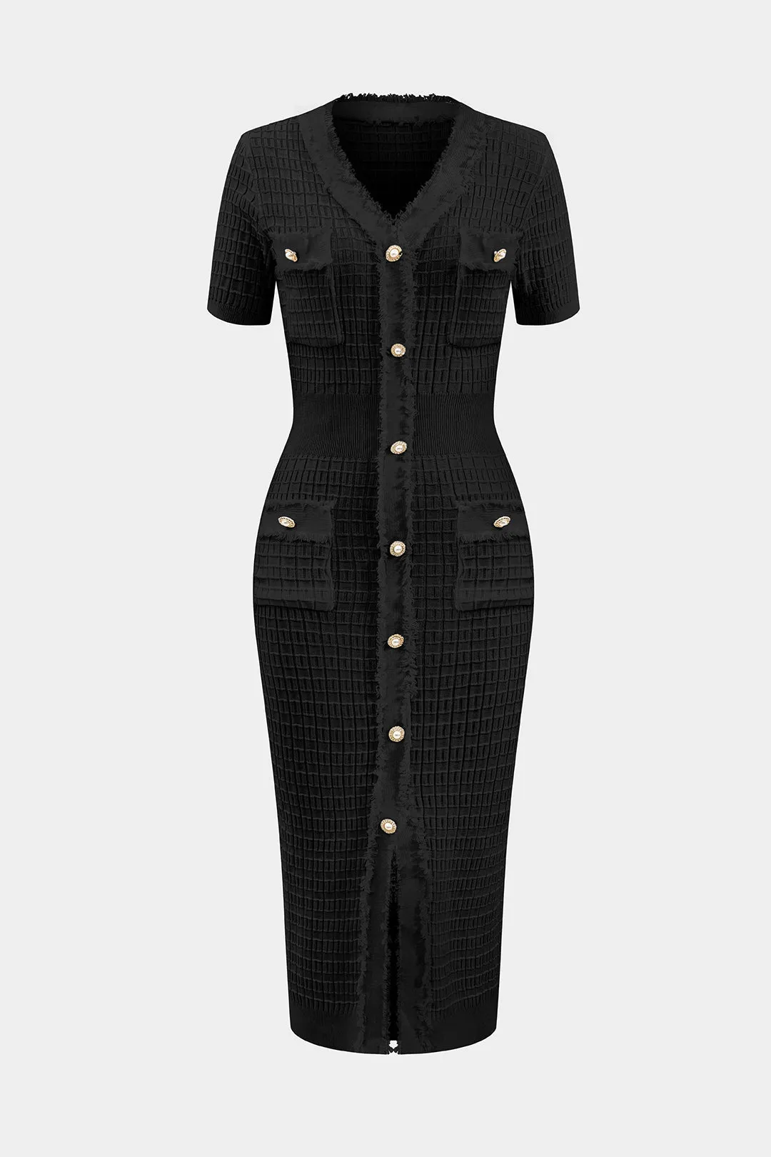 Joan - Classic Button Detail Woman's Knit Short Sleeve Dress