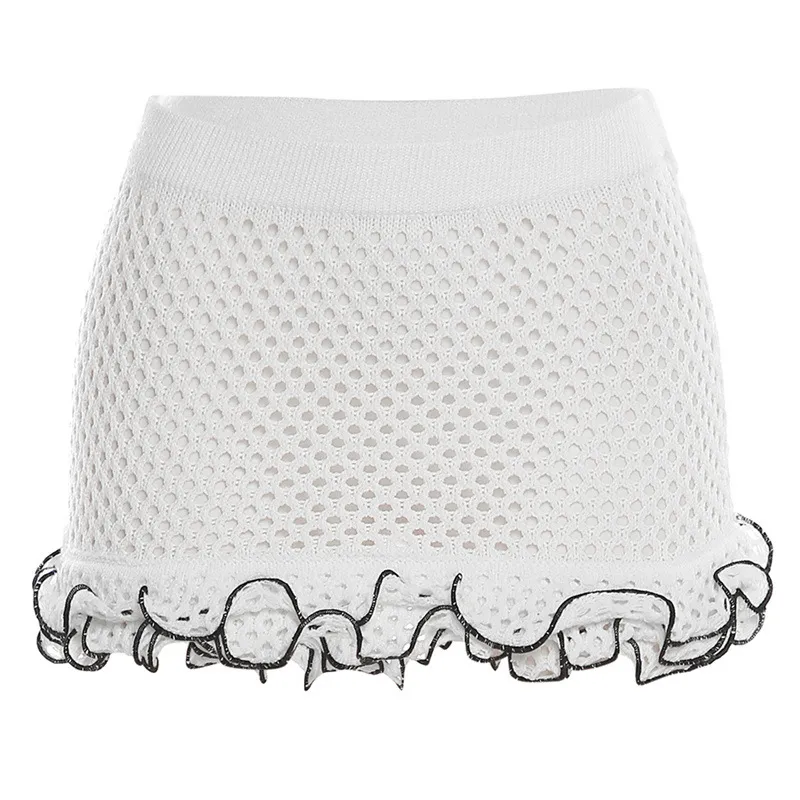 Knitted Ruffle Mini Skirt with Thick Waist Band - Polyester/Spandex