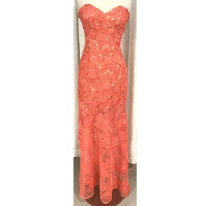 LA FEMME Coral Lace Strapless Sweetheart Long Dress Size 2