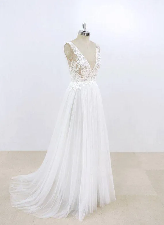 Lace Top V-back Cup Sleeve Tulle Beach Wedding Dresses, Wedding Dresses, TYP0777
