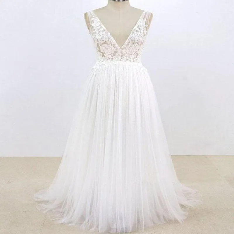 Lace Top V-back Cup Sleeve Tulle Beach Wedding Dresses, Wedding Dresses, TYP0777