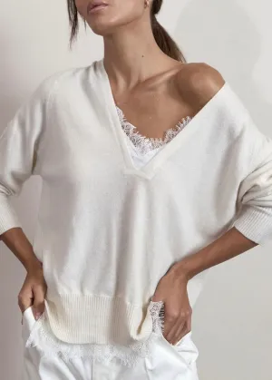Lace Vee Layered Pullover (Ivory)