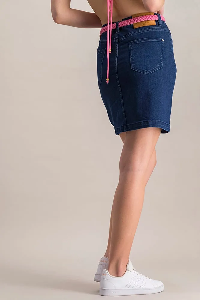 Ladies Stretch Denim Knee Length Zig Zag Seam Skirt - Dark Wash Ink