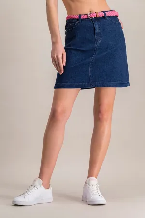 Ladies Stretch Denim Knee Length Zig Zag Seam Skirt - Dark Wash Ink