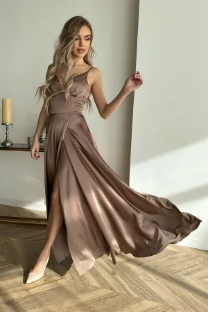 Latte Charmeuse Satin Gown with a Slit