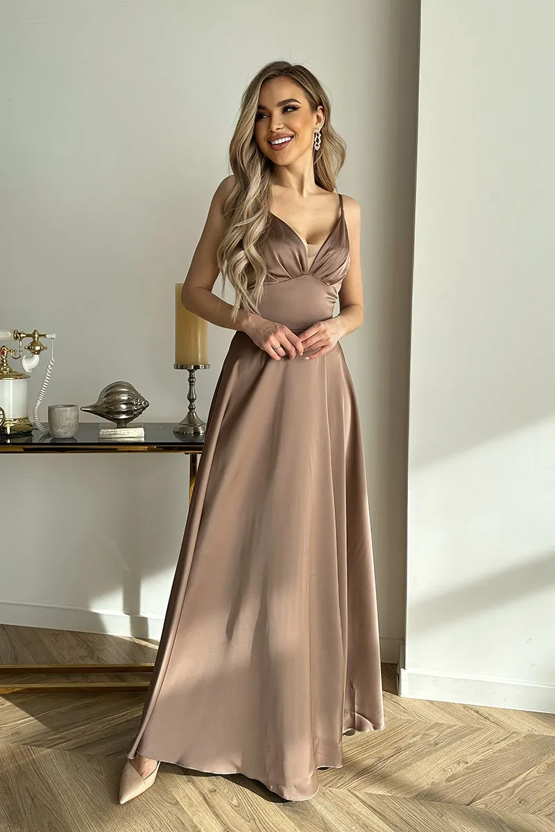 Latte Charmeuse Satin Gown with a Slit