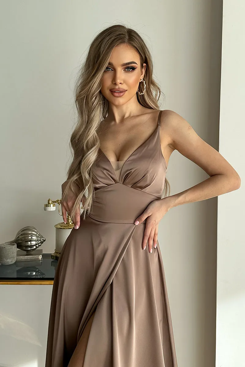 Latte Charmeuse Satin Gown with a Slit