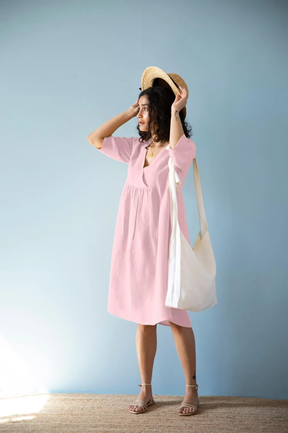 Linen Citrus Midi Dress-Stormy Blue