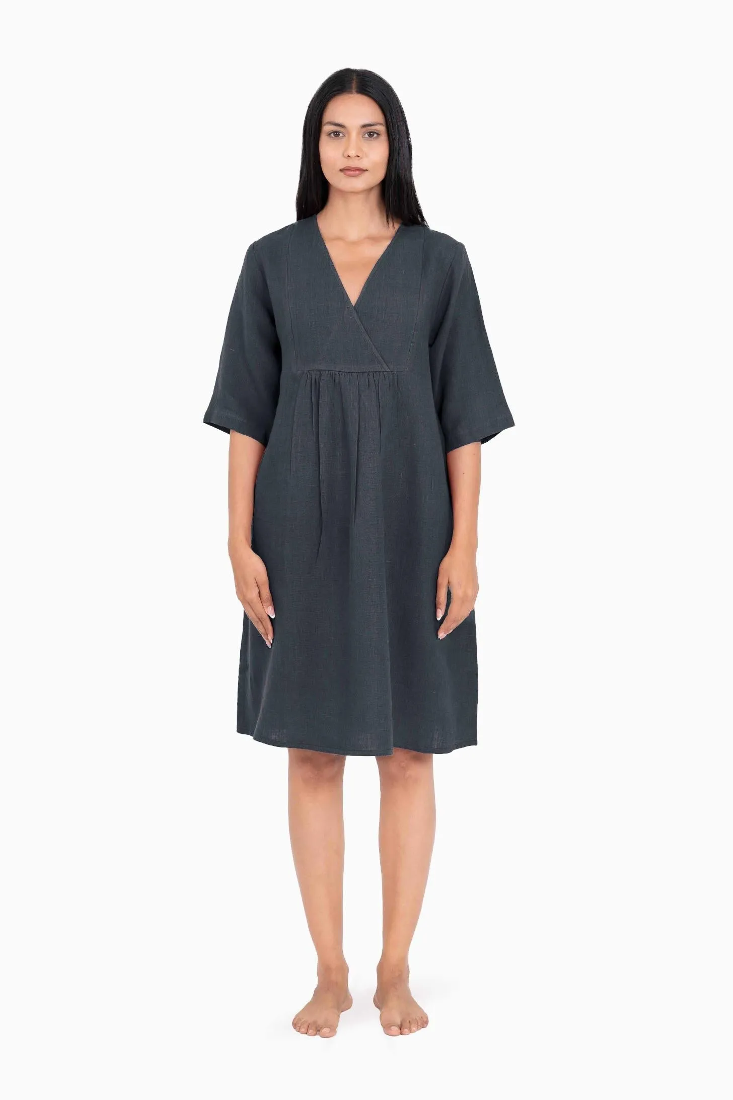 Linen Citrus Midi Dress-Stormy Blue