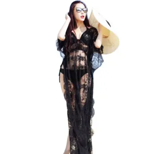 Long Dresses Women Summer Casual Long Black Short Sleeve V neck Beach Wear Lace Dress Club Party DR5975