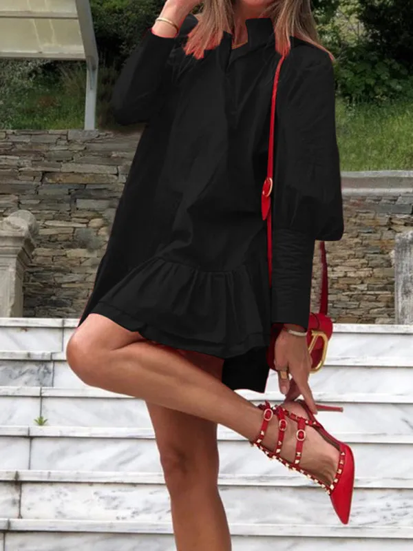 Loose Fit Dress with Ruffled Hem and Long Sleeves