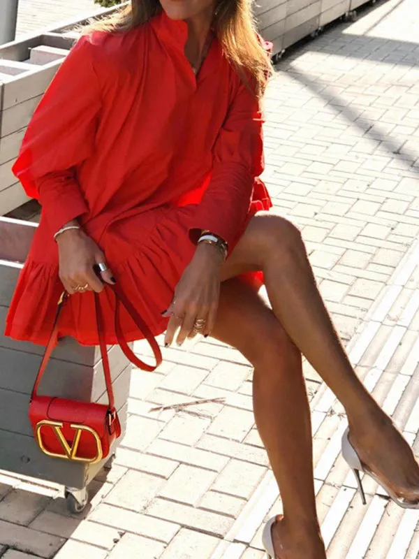 Loose Fit Dress with Ruffled Hem and Long Sleeves