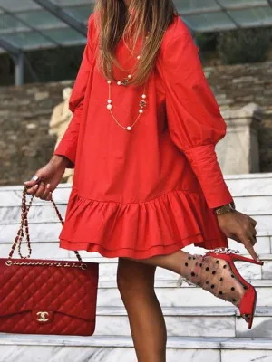 Loose Fit Dress with Ruffled Hem and Long Sleeves