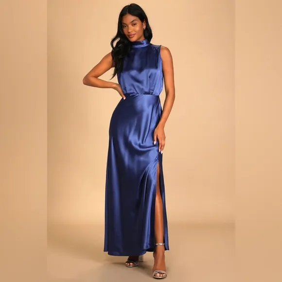 Lulu’s Classic Elegance Blue Silky Satin Sleeveless Mock Neck Side Slit Maxi 2x