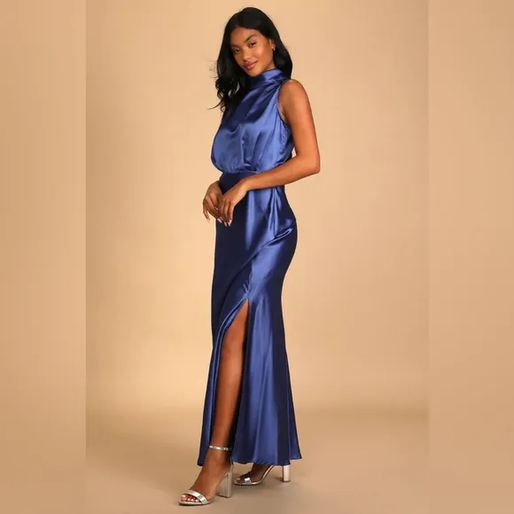 Lulu’s Classic Elegance Blue Silky Satin Sleeveless Mock Neck Side Slit Maxi 2x
