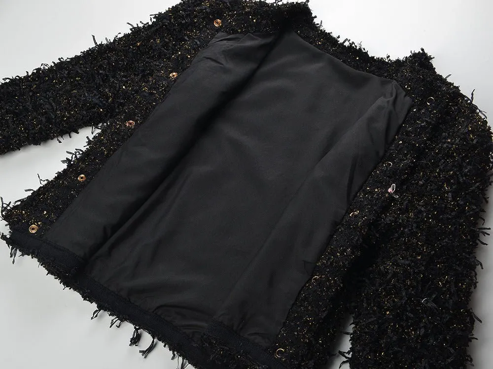 Luxurious Black Tweed Jacket with Gold Buttons