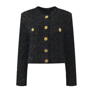 Luxurious Black Tweed Jacket with Gold Buttons