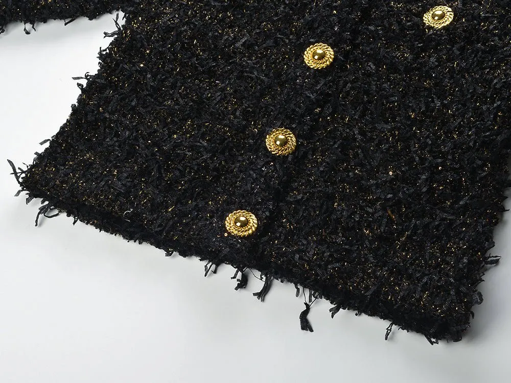 Luxurious Black Tweed Jacket with Gold Buttons