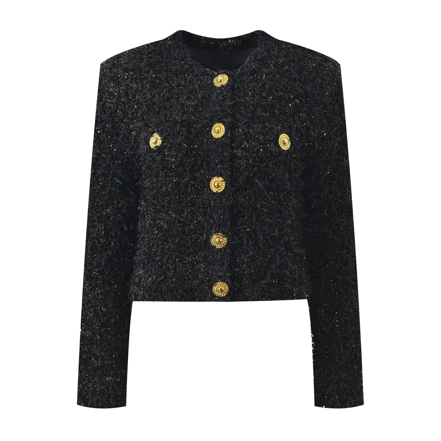 Luxurious Black Tweed Jacket with Gold Buttons