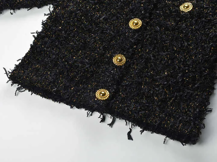 Luxurious Black Tweed Jacket with Gold Buttons