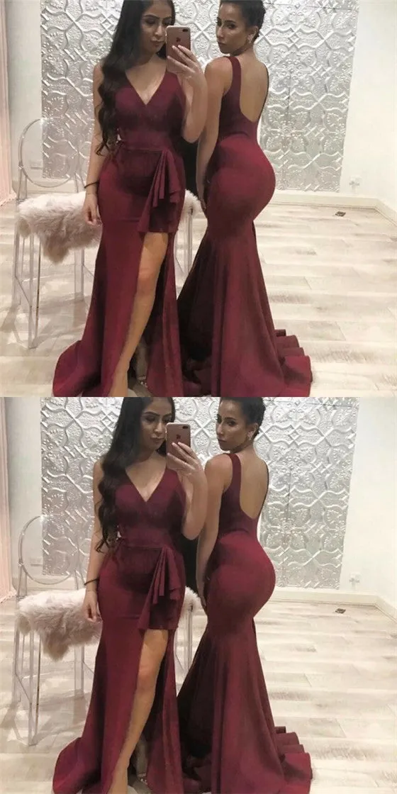Mermaid V-Neck Split Front Backless Burgundy Bridesmaid Dresses with Ruffles, QB0025