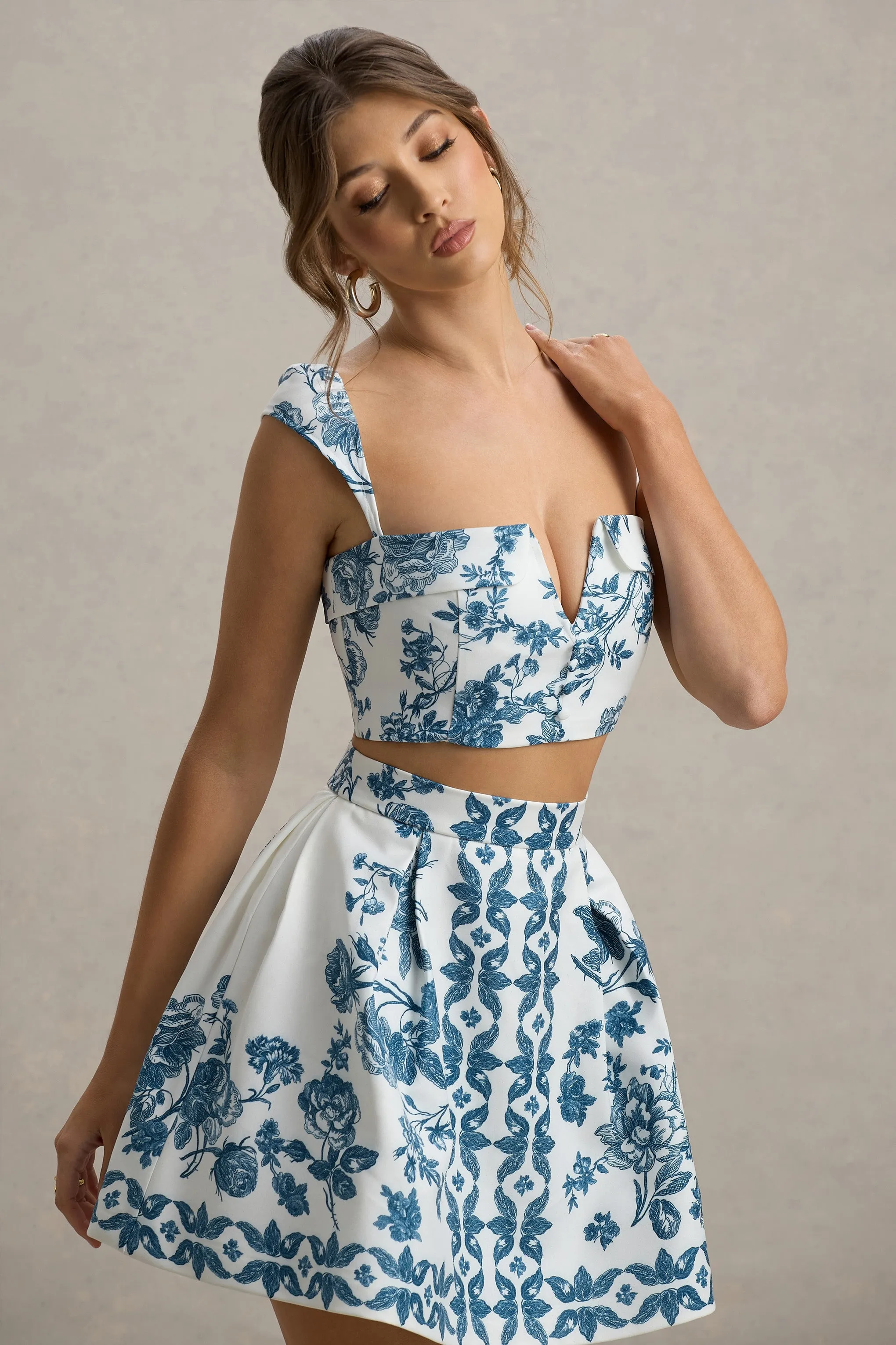 Modella | Blue Porcelain Print Skater Mini Skirt
