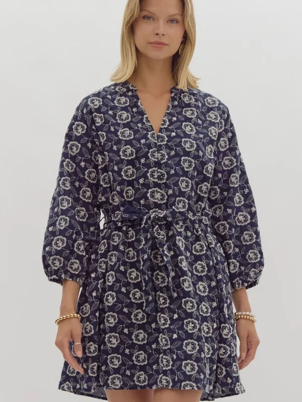 Navy & Cream Floral Tie Mini Dress