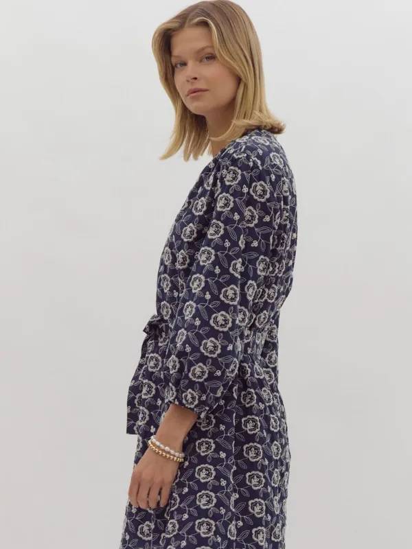 Navy & Cream Floral Tie Mini Dress